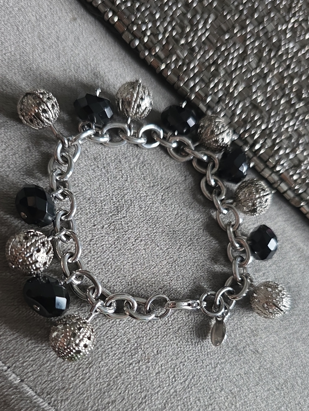 Silver-Tone Charm Bracelet with Black Faceted Beads
